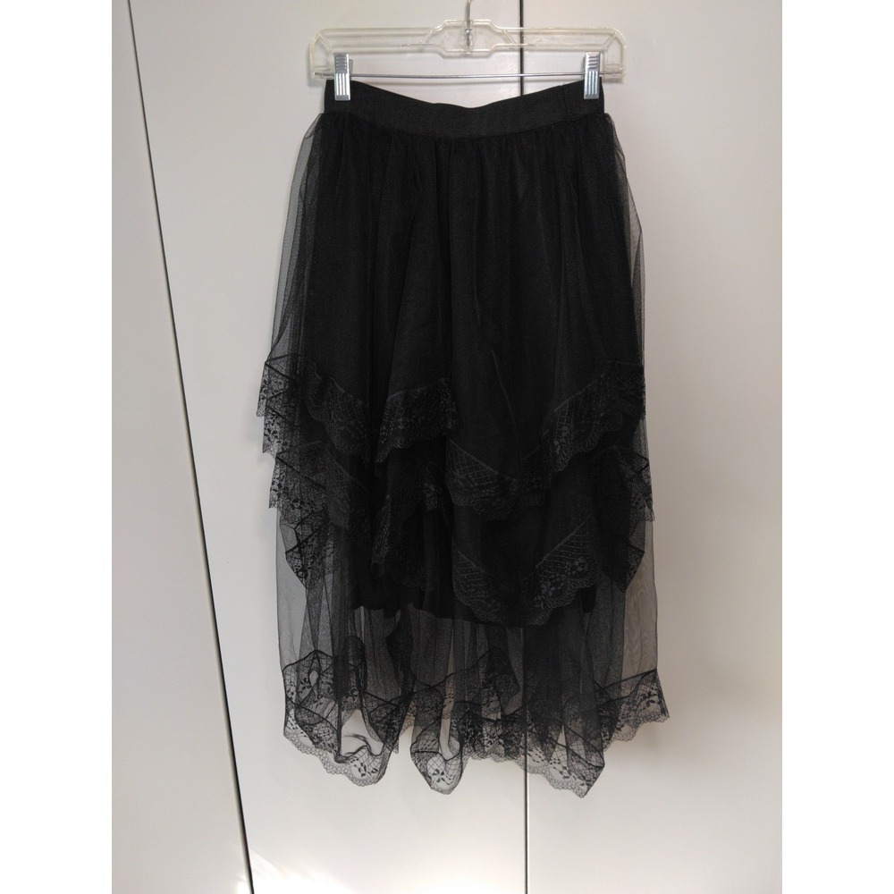 Women's Mesh Lace Asymetric Hem  Tiered Skirt Size S  Whimsigoth Dark Fairy Wamp